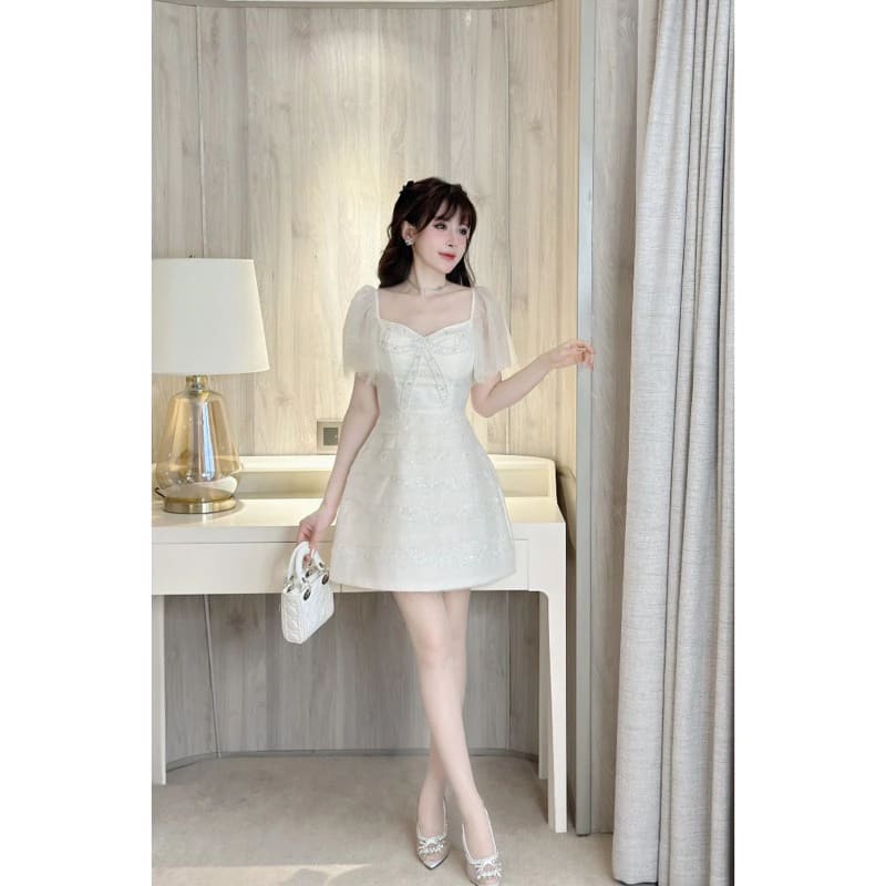 Váy dự tiệc, váy cánh tiên ren lưới chân xếp tầng kimsa đính nơ đá cao cấp sang chảnh đi tiệc tại Đà Nẵng size M