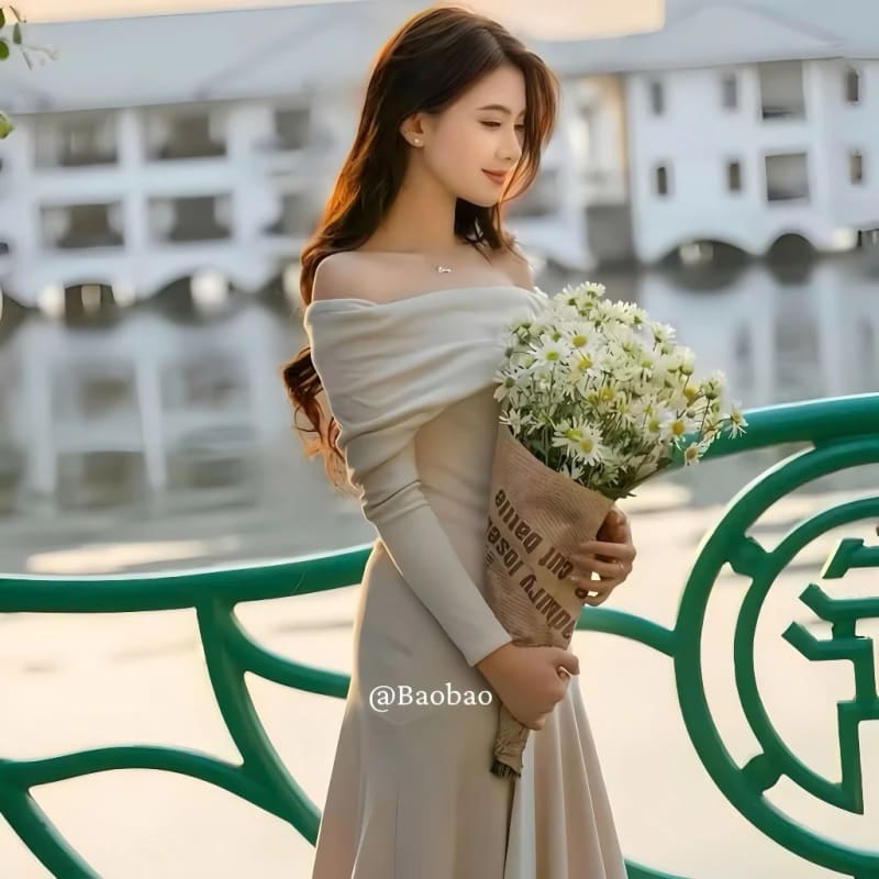 Váy đi tiệc trễ vai màu kem thanh lịch, váy thun tăm dáng dài sang chảnh bệt vai đi tiệc tại Đà Nẵng size M