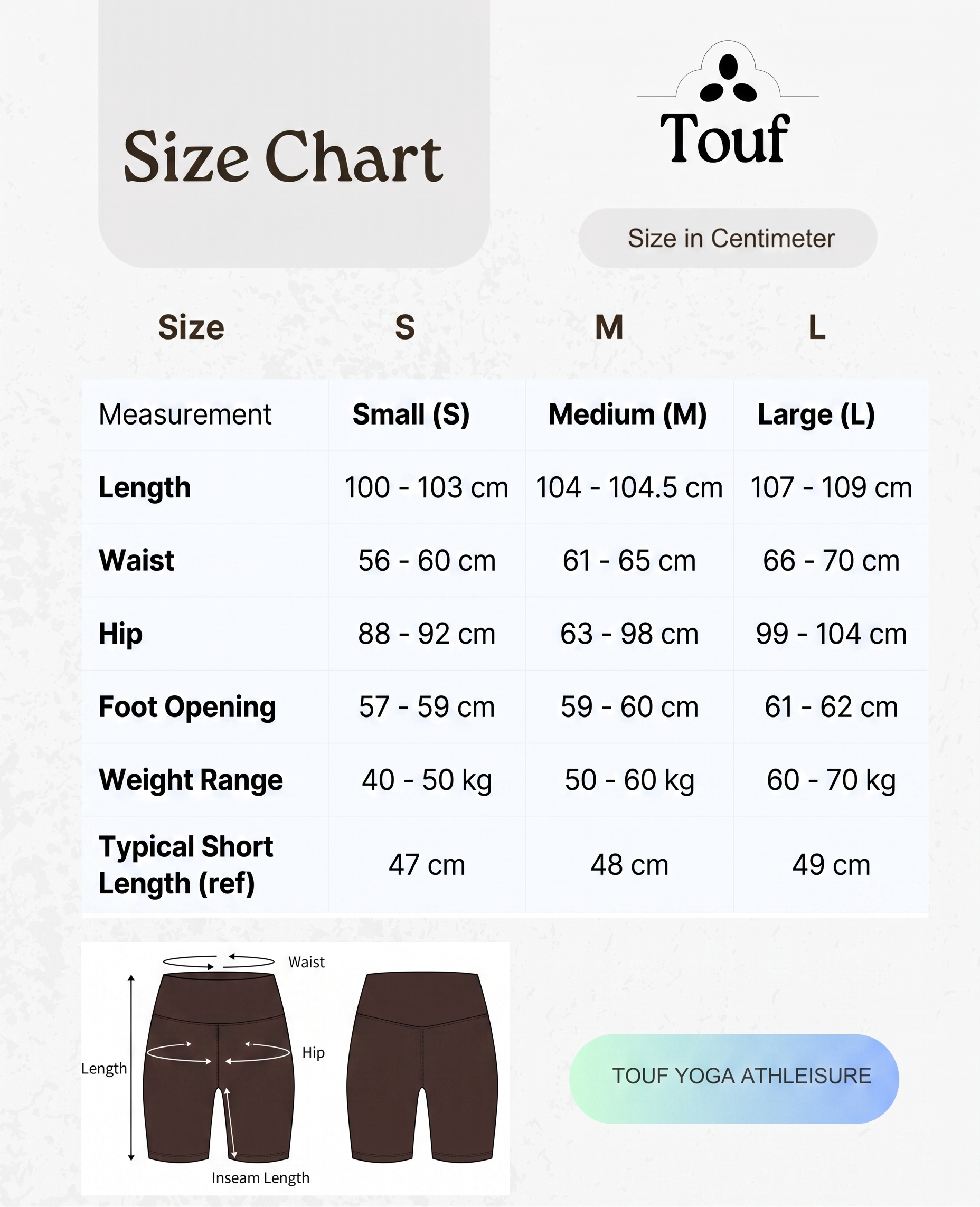 Touf size chart — bottoms