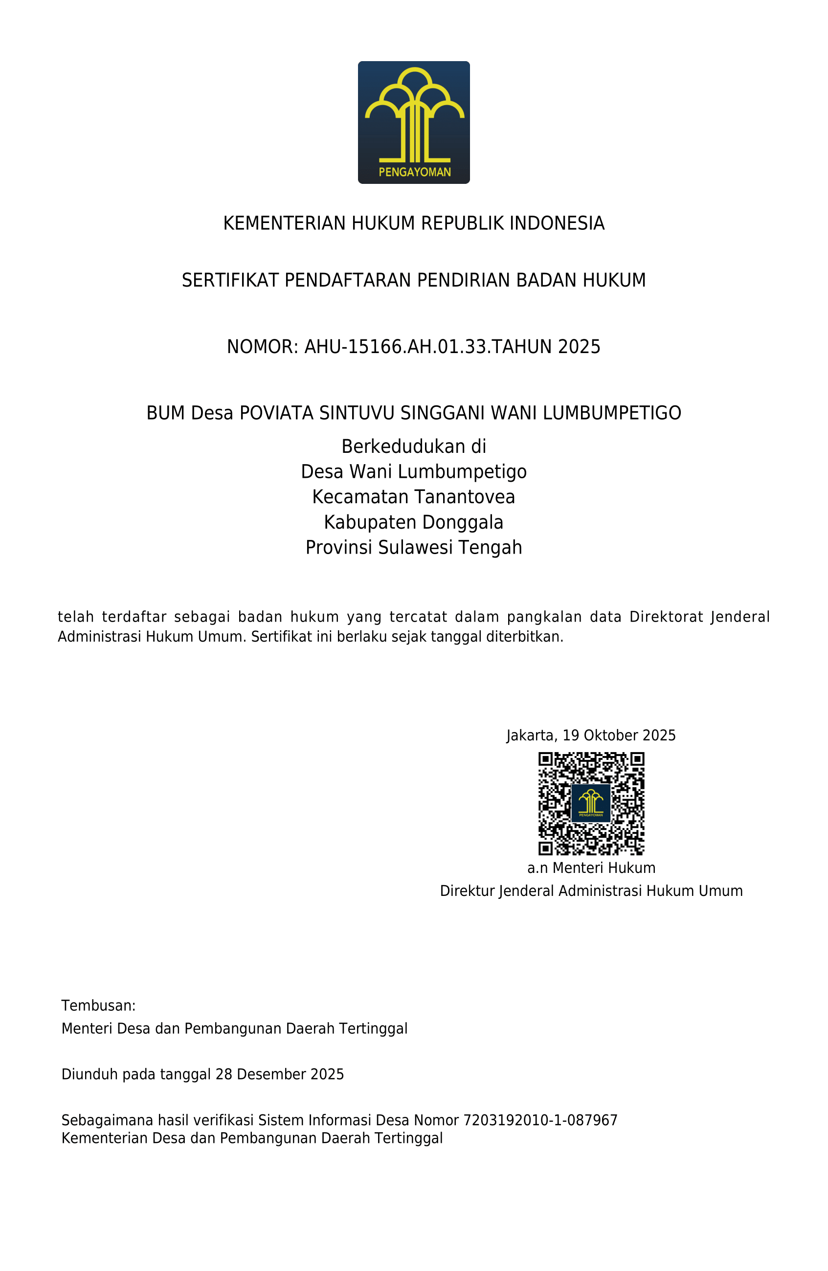 Sertifikat Pendaftaran Pendirian Badan Hukum BUMDes Poviata