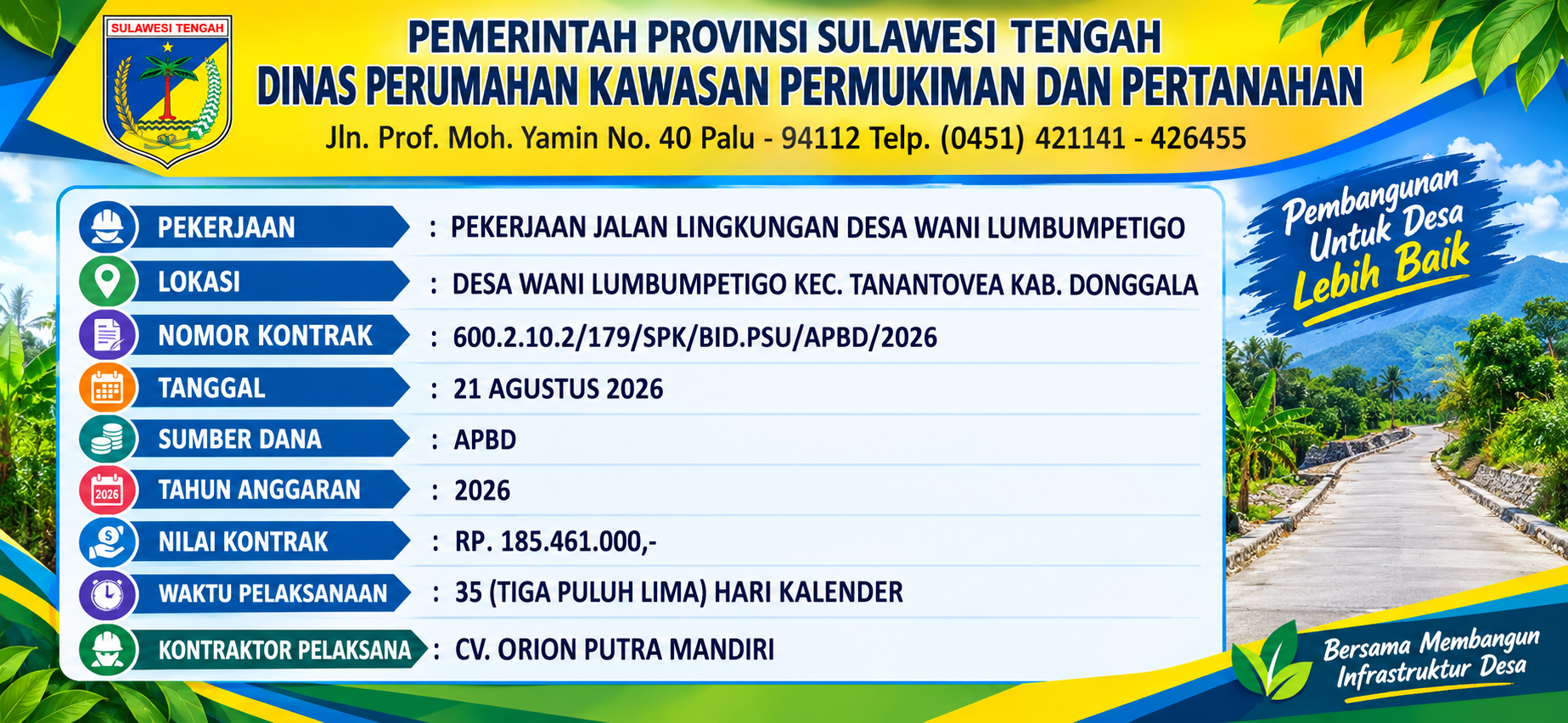 Papan Informasi Pekerjaan Pembangunan Jalan Lingkungan Desa Wani Lumbumpetigo