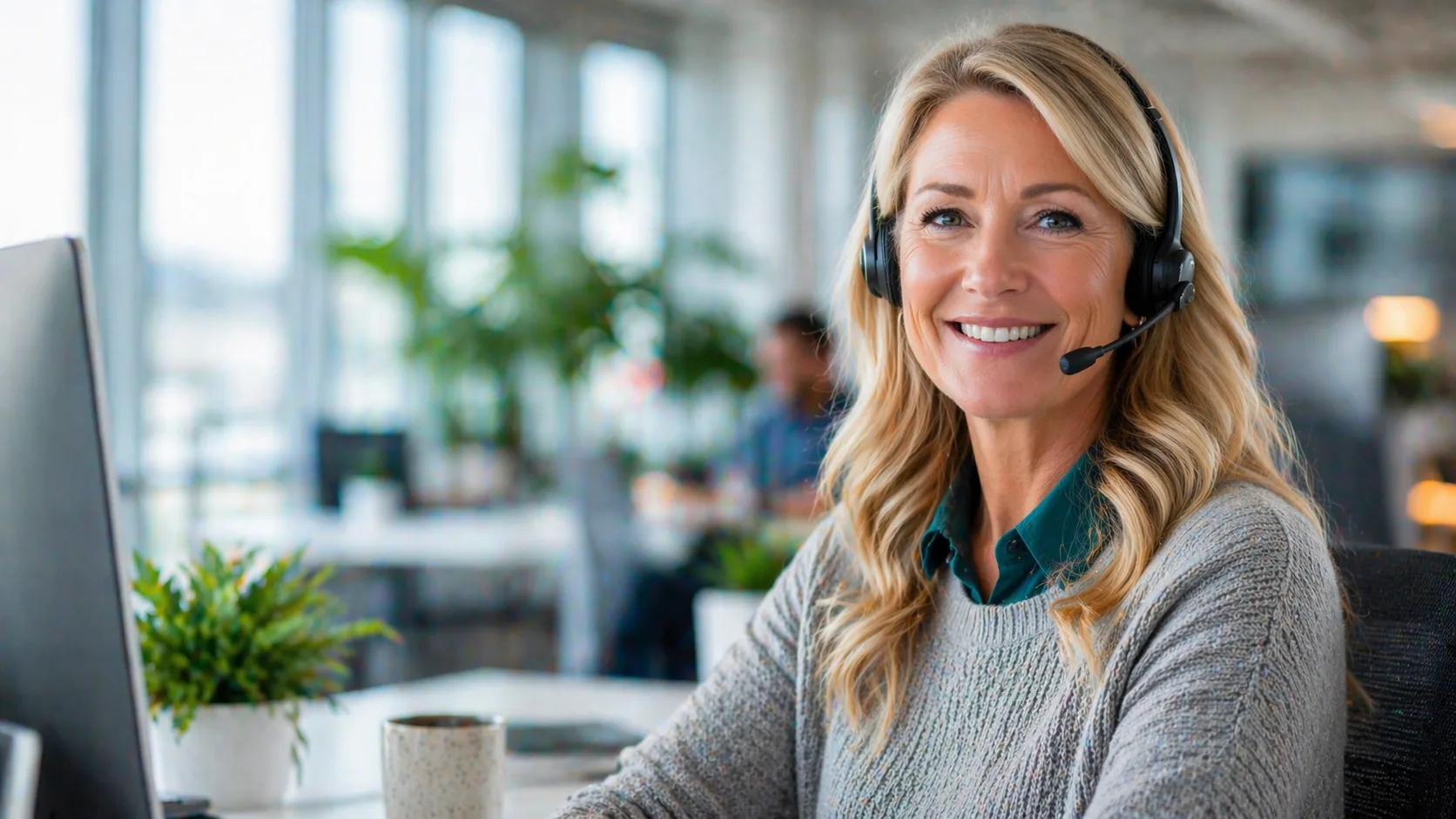 Smiling blonde support representative with headset