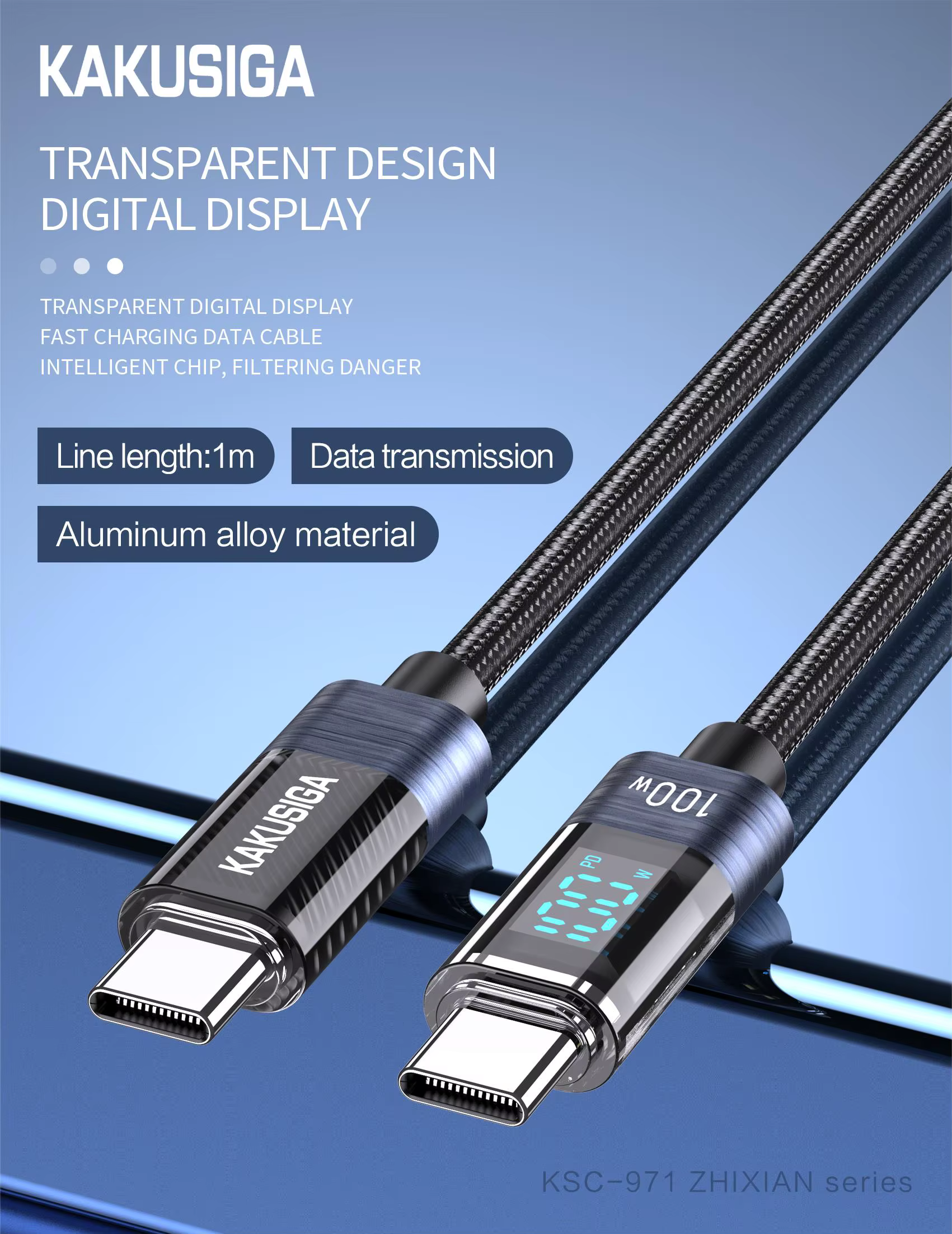 KSC-971 ZHIXIAN PD100W intelligent transparent digital display charging data cable (Type-C to Type- C)