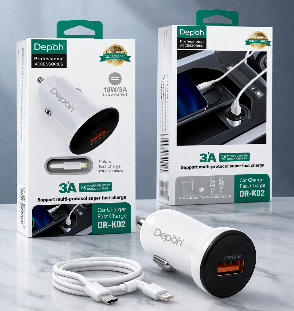 Depoh DR-K02 Avtomobil Adapteri – 18W Fast Charge, White
