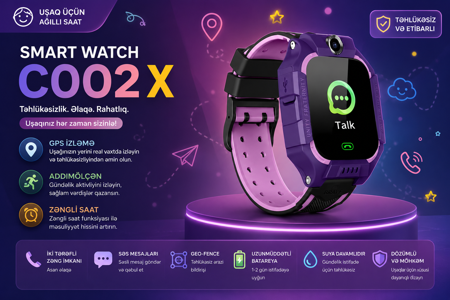 Uşaq üçün ağıllı saat Smart Watch C002 Purple
