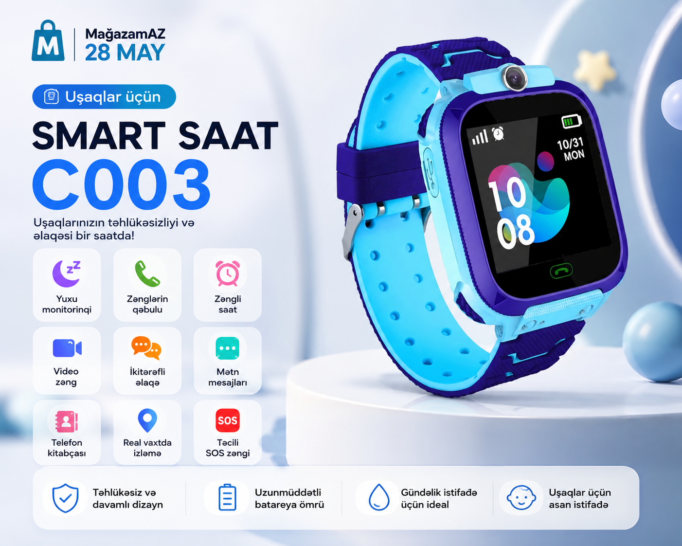 Uşaqlar üçün ağıllı saat Smart Watch C003 Blue