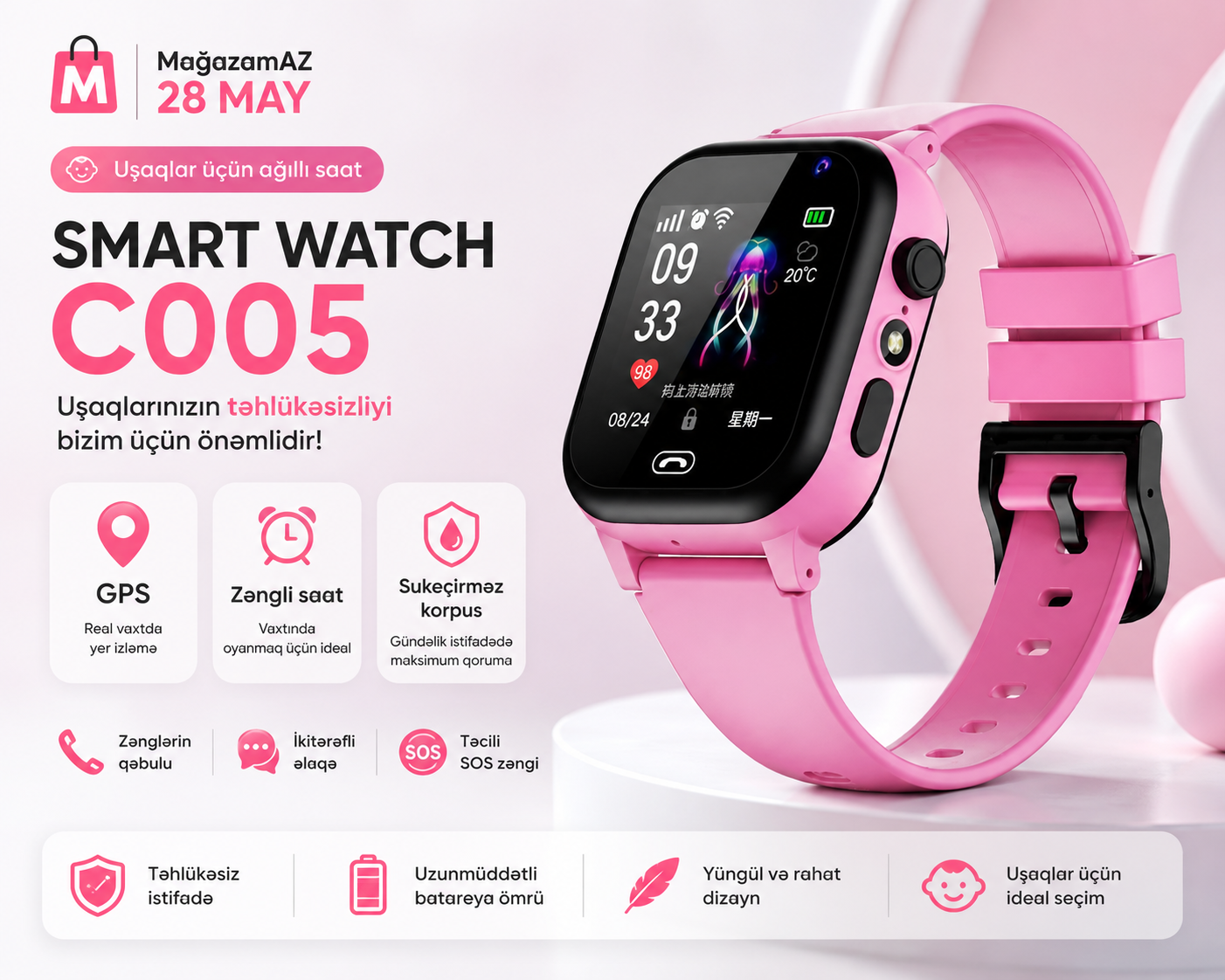 Uşaq üçün ağıllı saat Smart Watch C005 Pink