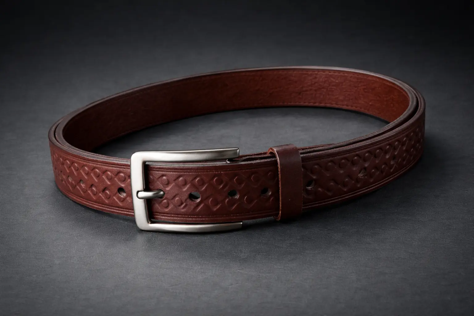Premium Embossed Brown Leather Belt – Silver Buckle - Main View