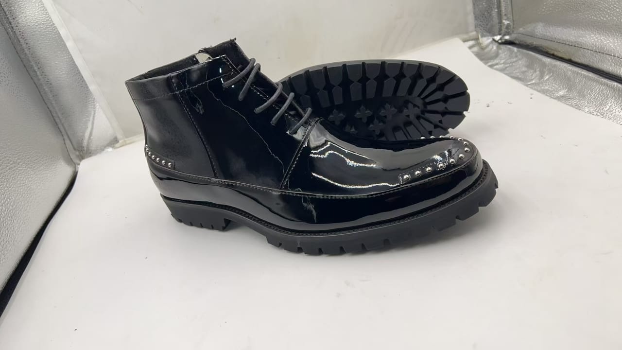 Premium Glossy Black Leather Studded Boots - Leather Product