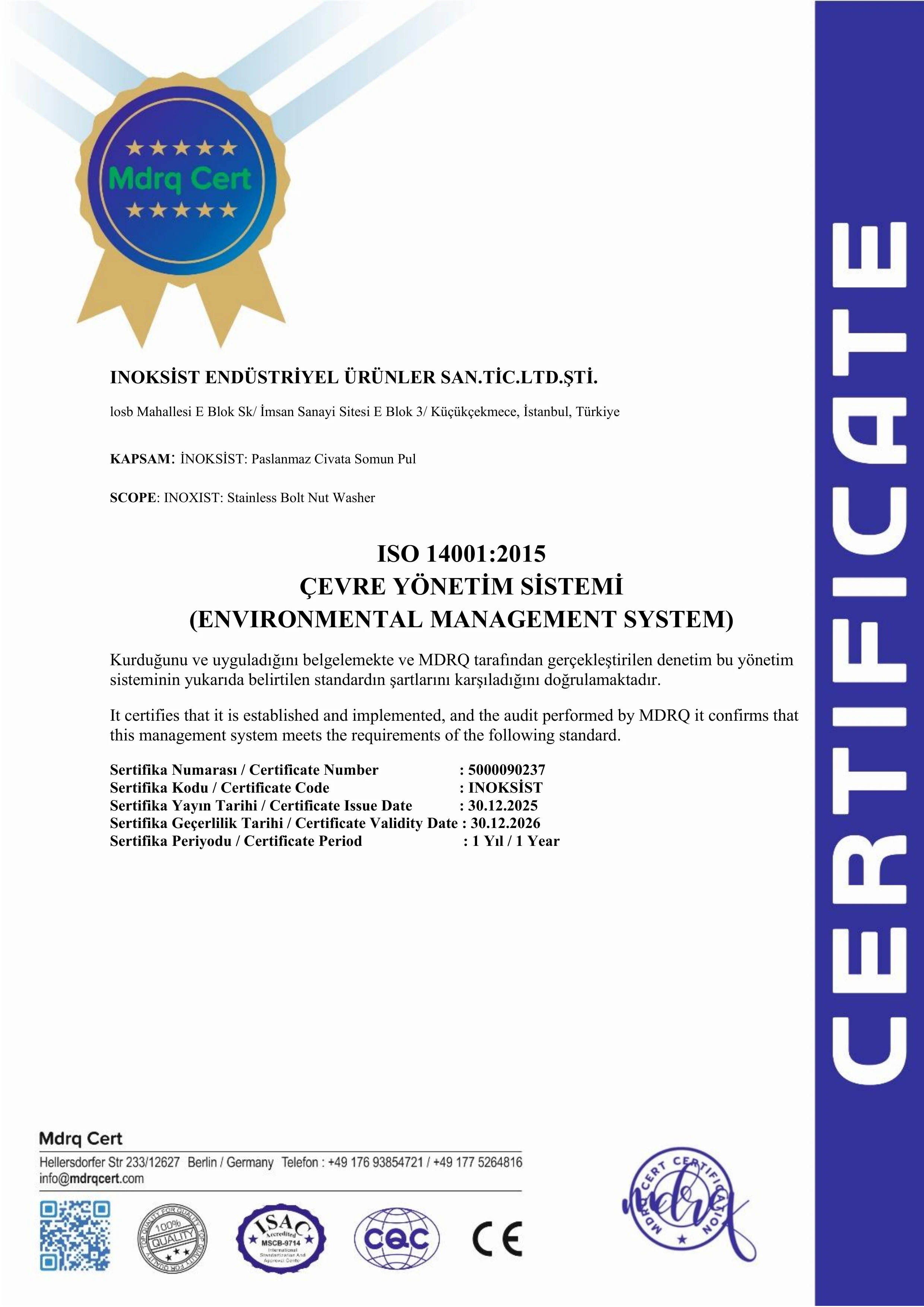 İnoksist Endüstri ISO 14001 Sertifikası