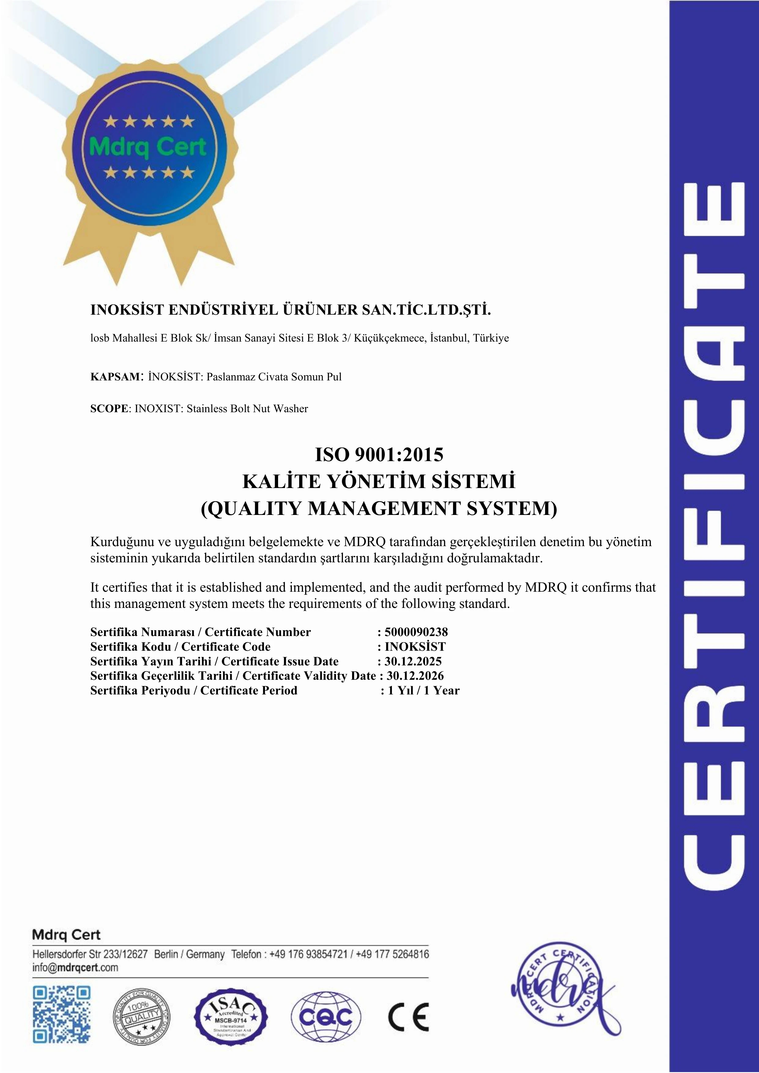 İnoksist Endüstri ISO 9001 Sertifikası