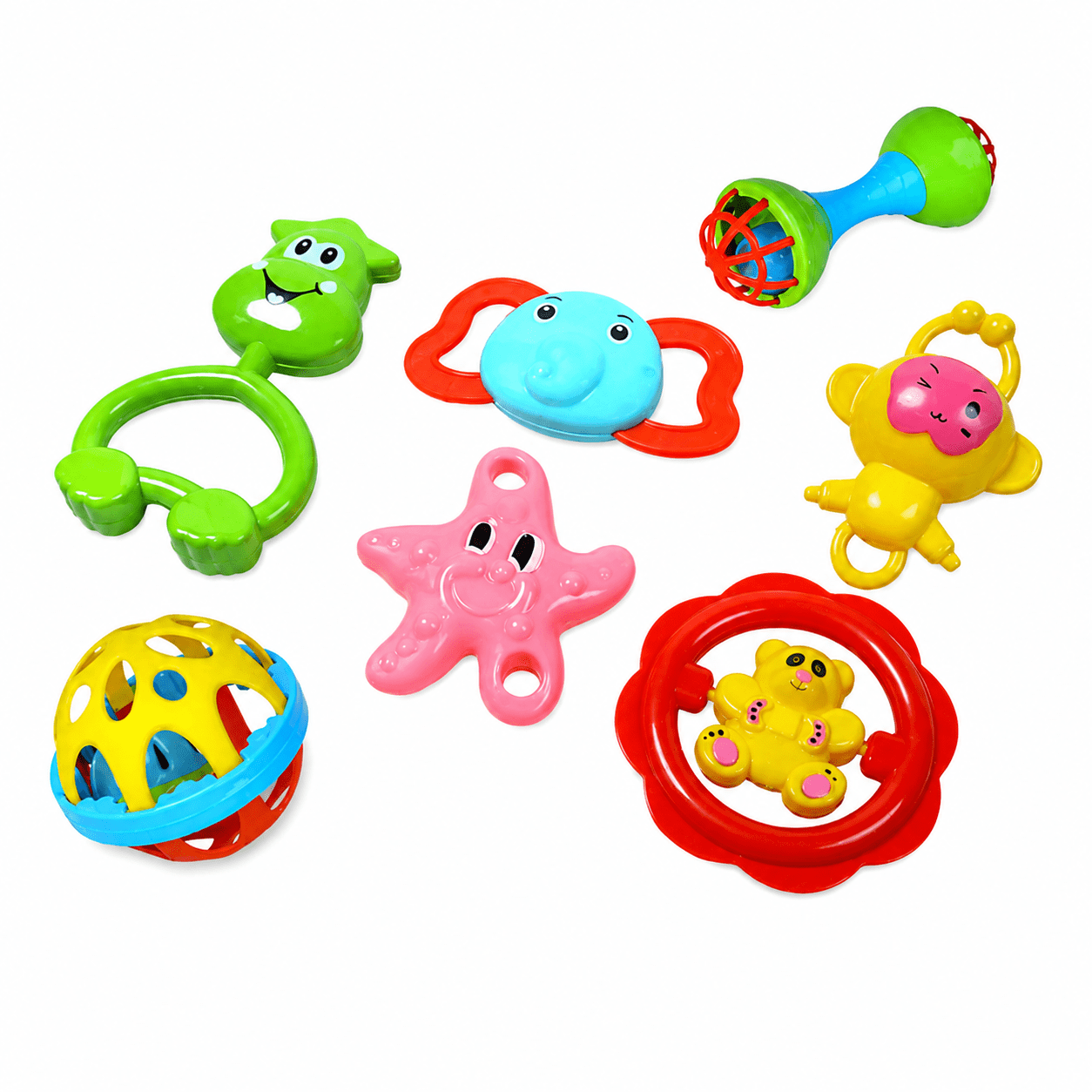 Kidroo 7 Pcs Rattle Set for New Born Baby with Teether Ball & Dumbbell Non Toxic Toys Rattle