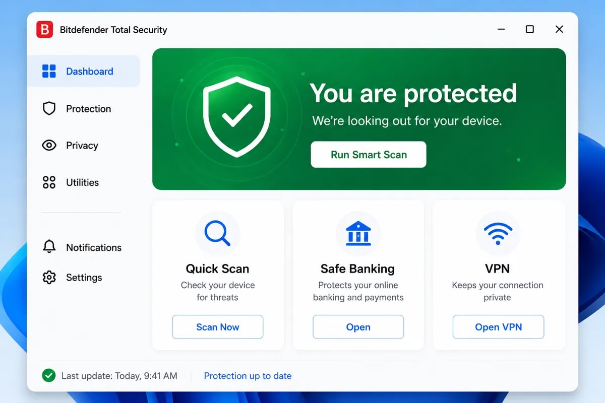 Simple antivirus dashboard showing a green protected status for a senior Windows user