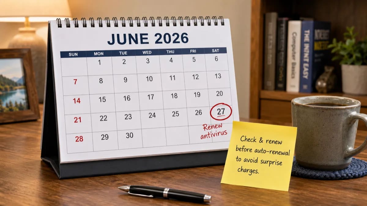 Calendar reminder for reviewing antivirus renewal before the auto-renewal date