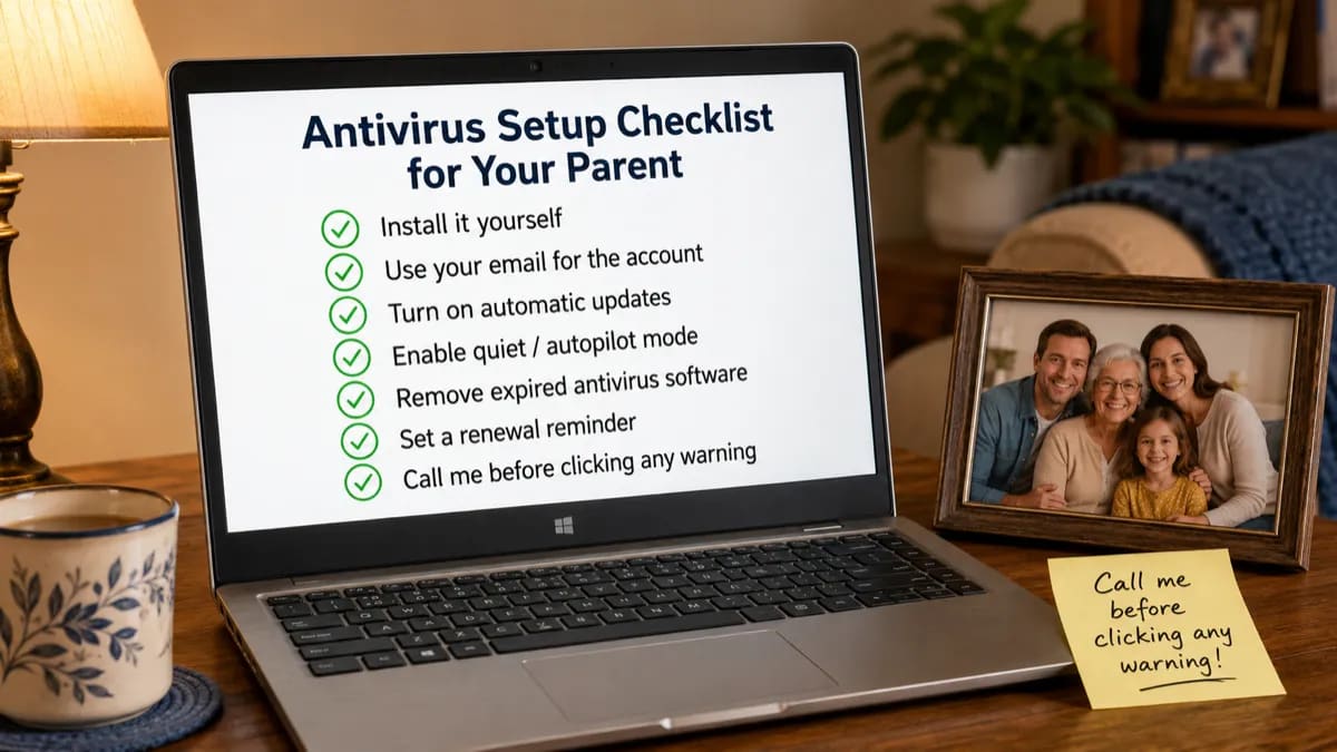 Checklist for setting up antivirus for an elderly parent on a Windows laptop