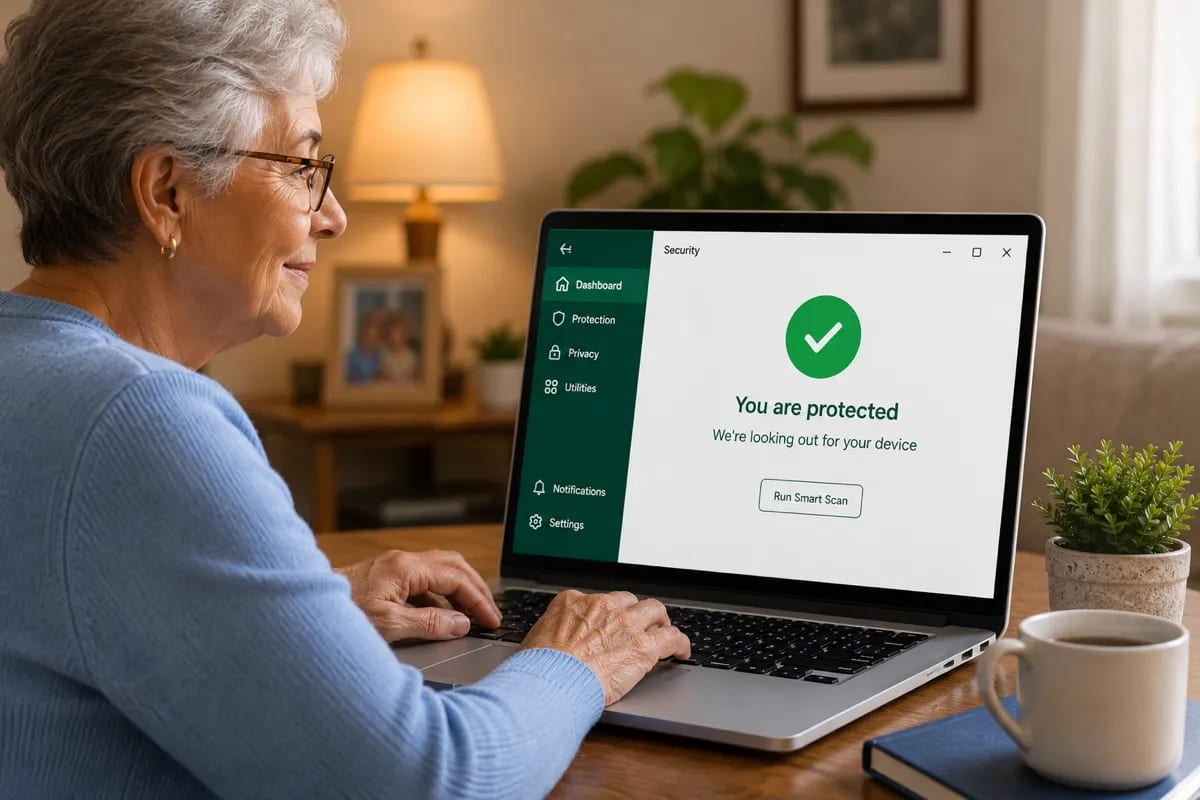 Older adult using a Windows laptop with a simple green antivirus protection screen