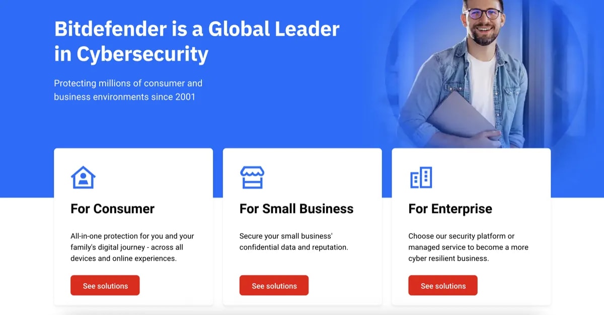 Bitdefender Total Security dashboard showing a clear protected status for a senior Windows user