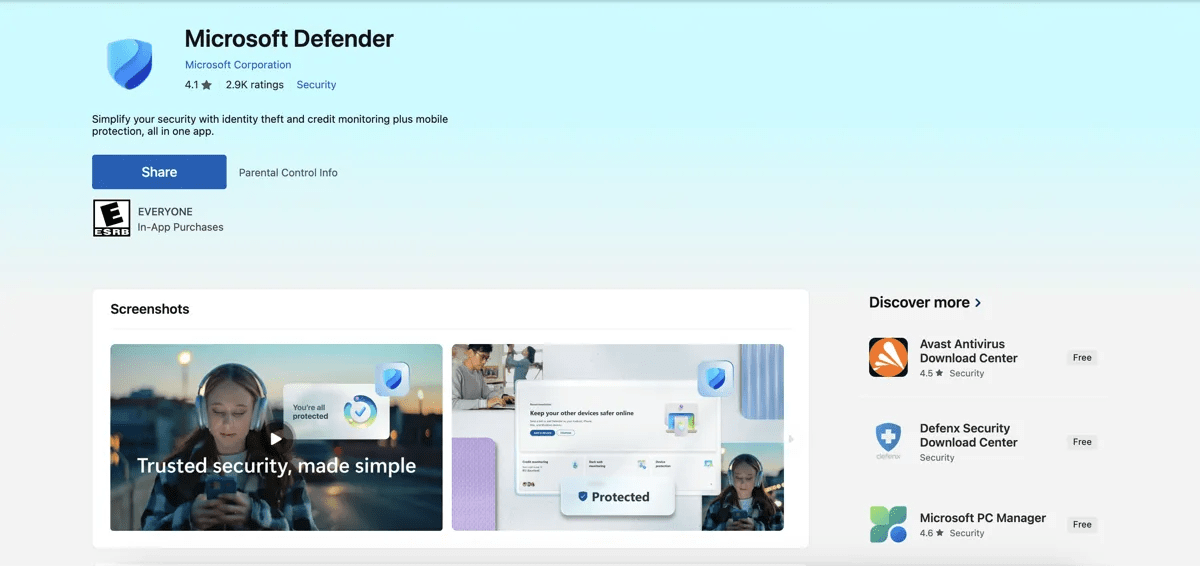 Microsoft Defender Windows Security app showing virus and threat protection enabled