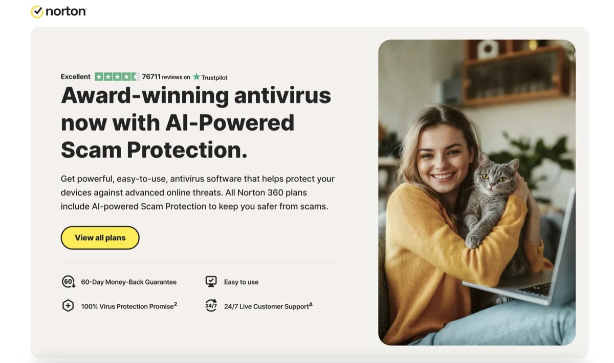 Norton 360 Deluxe protection screen with a family member reviewing renewal pricing on a calendar