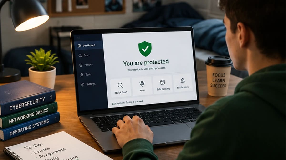 Student using a Windows laptop in a dorm room with a simple antivirus protection screen