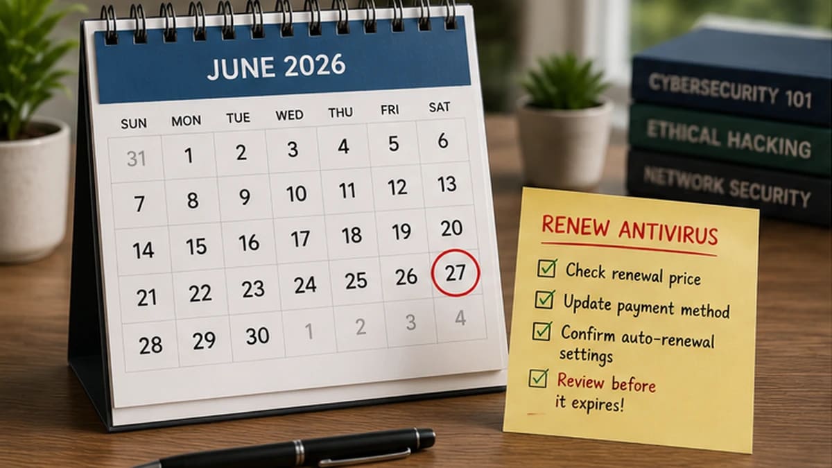 Student laptop with a calendar reminder to check antivirus renewal before the next charge