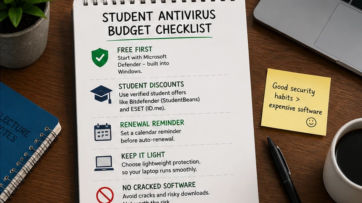 Student antivirus budget checklist showing free protection, student discount, renewal reminder, and no cracked software