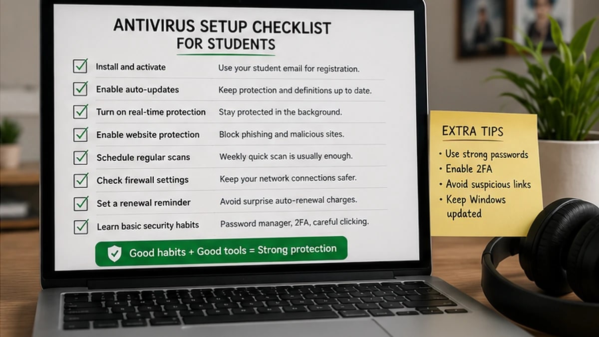 Checklist for setting up student laptop security with antivirus, updates, password manager, and two-factor authentication