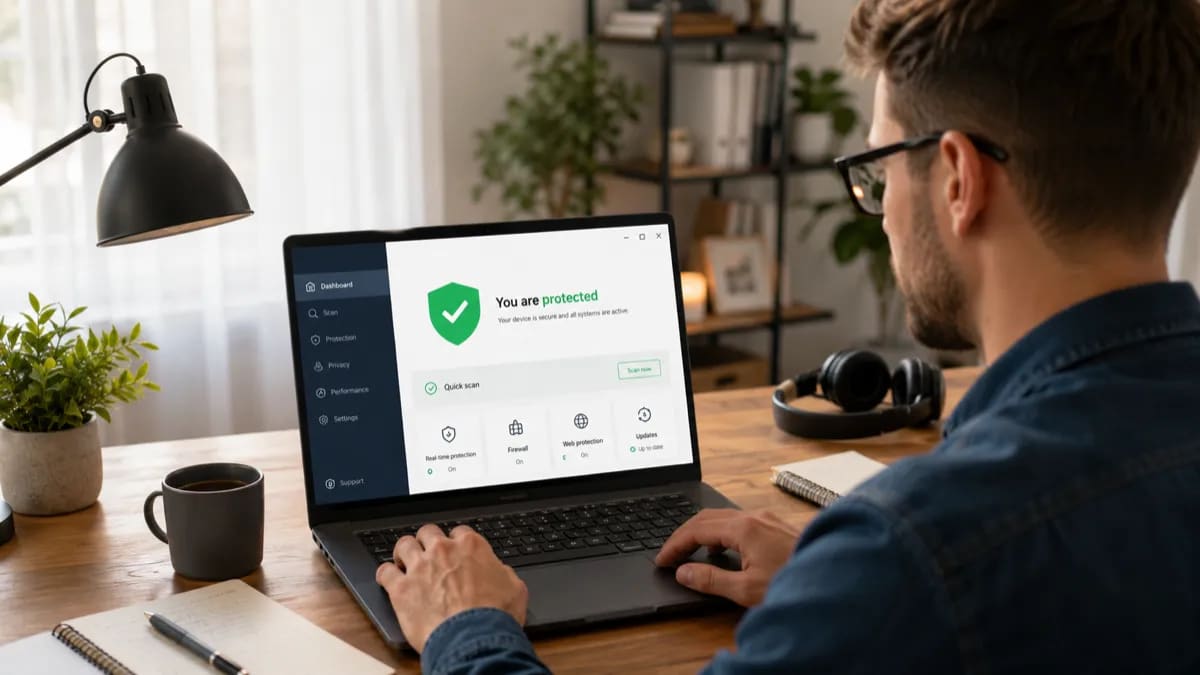 Remote worker using a Windows laptop in a home office with a simple security shield on screen