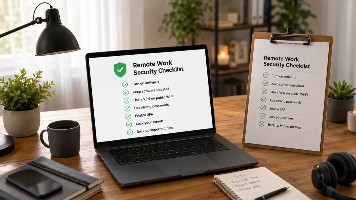 Remote work security checklist with antivirus, two-factor authentication, backup, password manager, and router update