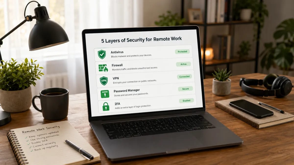 Remote work security layers showing antivirus, password manager, two-factor authentication, backup, and VPN