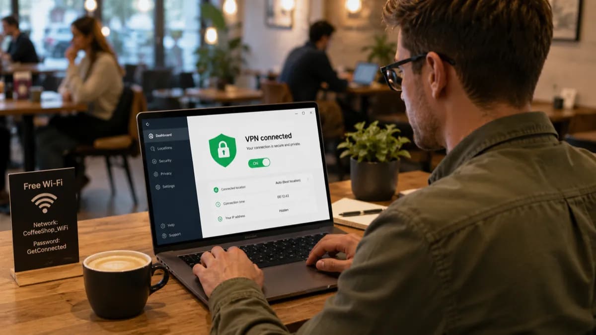 Remote worker comparing bundled antivirus VPN and standalone VPN while using public Wi-Fi