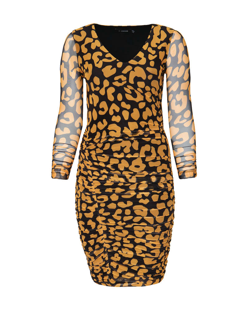 Brown Mesh Leopard Print Ruched Bodycon Dress