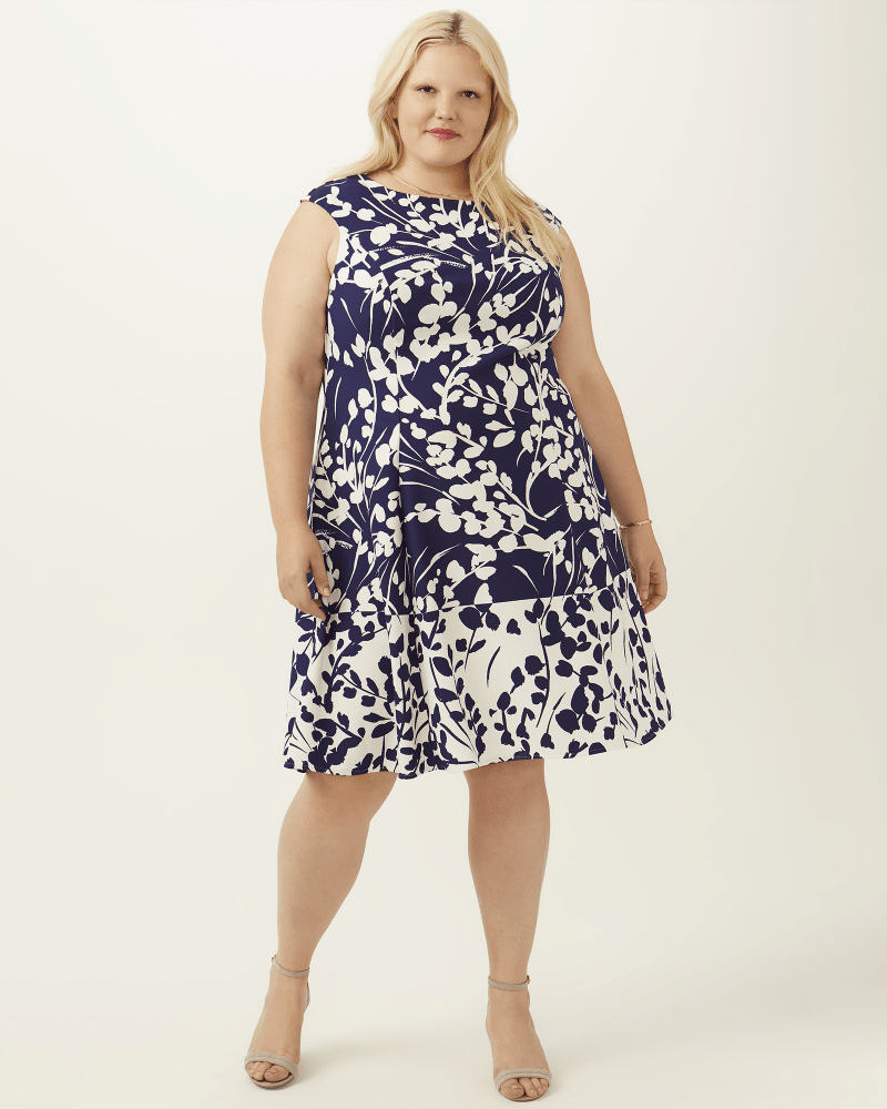 Plus Size Navy + White Ava Floral Print Fit and Flare Dress | Navy / White