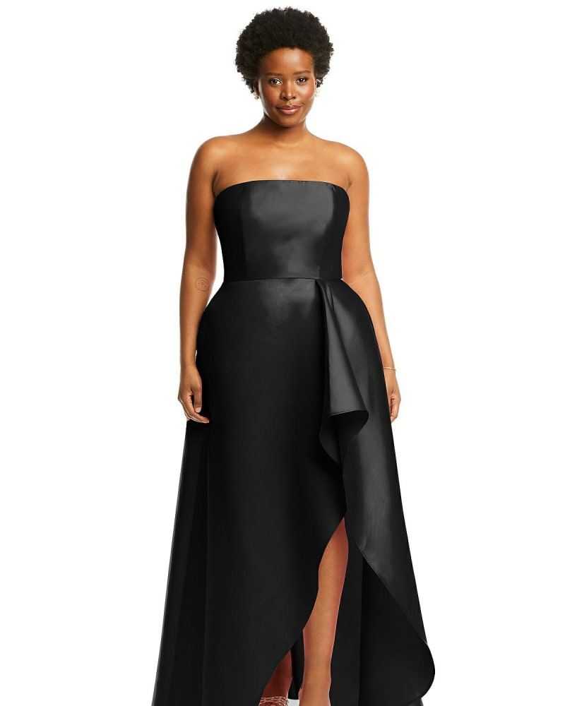 Strapless Satin Gown with Draped Front Slit and Pockets