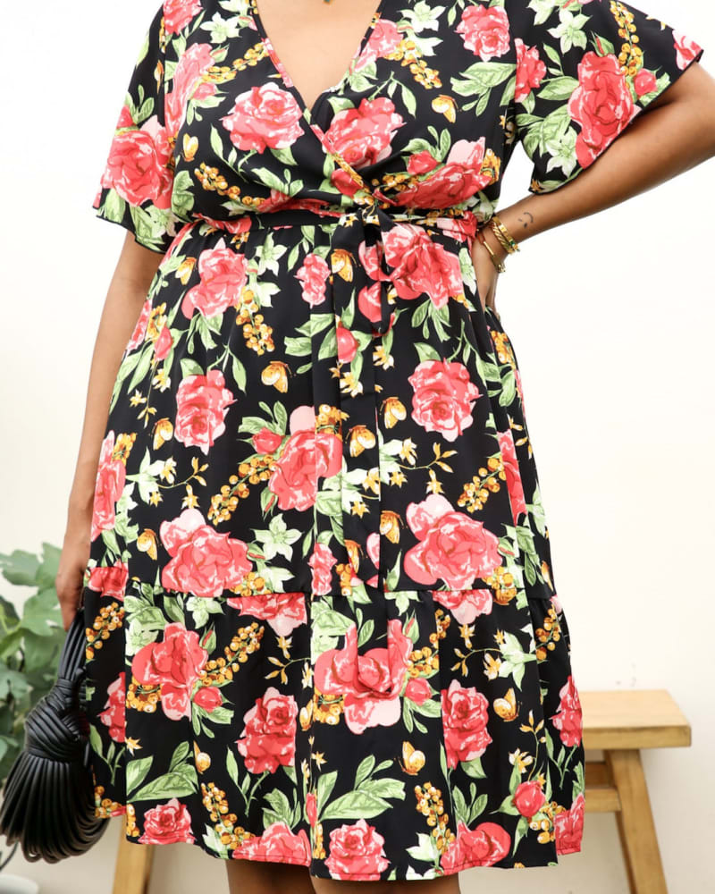 Tropical Floral Tie Front Midi Wrap Dress