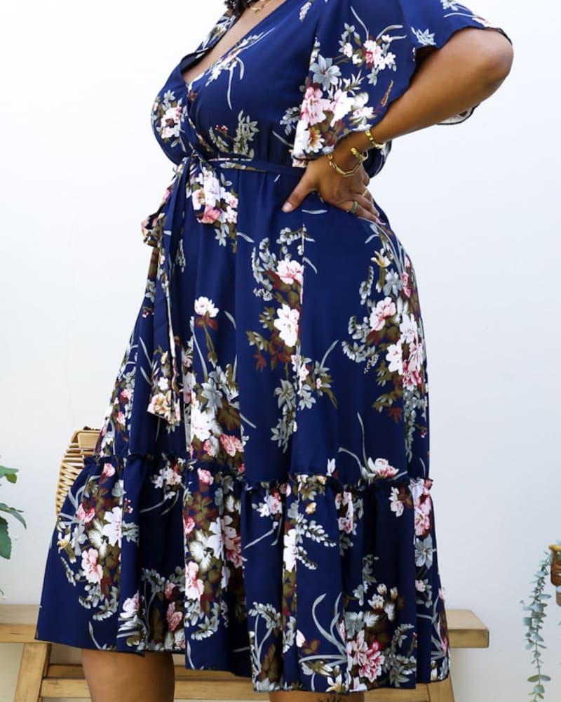 V Neck Floral Print Flowy Navy Maxi Dress