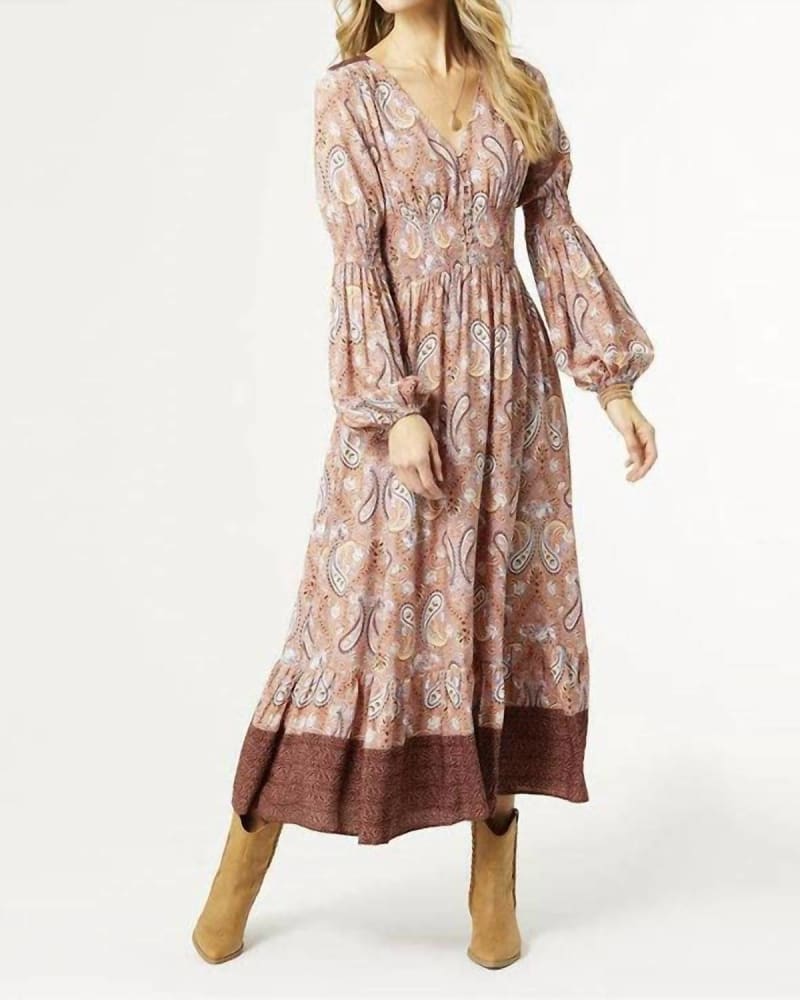 Kyla Paisley Long Sleeve V-Neck Dress in Dusty Rose | Dusty Rose