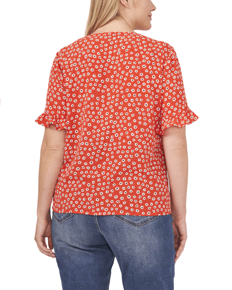 CeCe V-Neck Short Sleeve Button Front Polka Dot Blouse