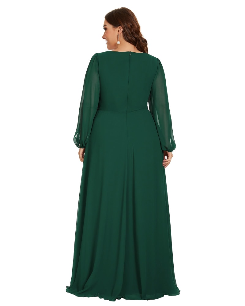 Plus Size Elegant Chiffon V-Neckline Long Sleeve Formal Evening Dress