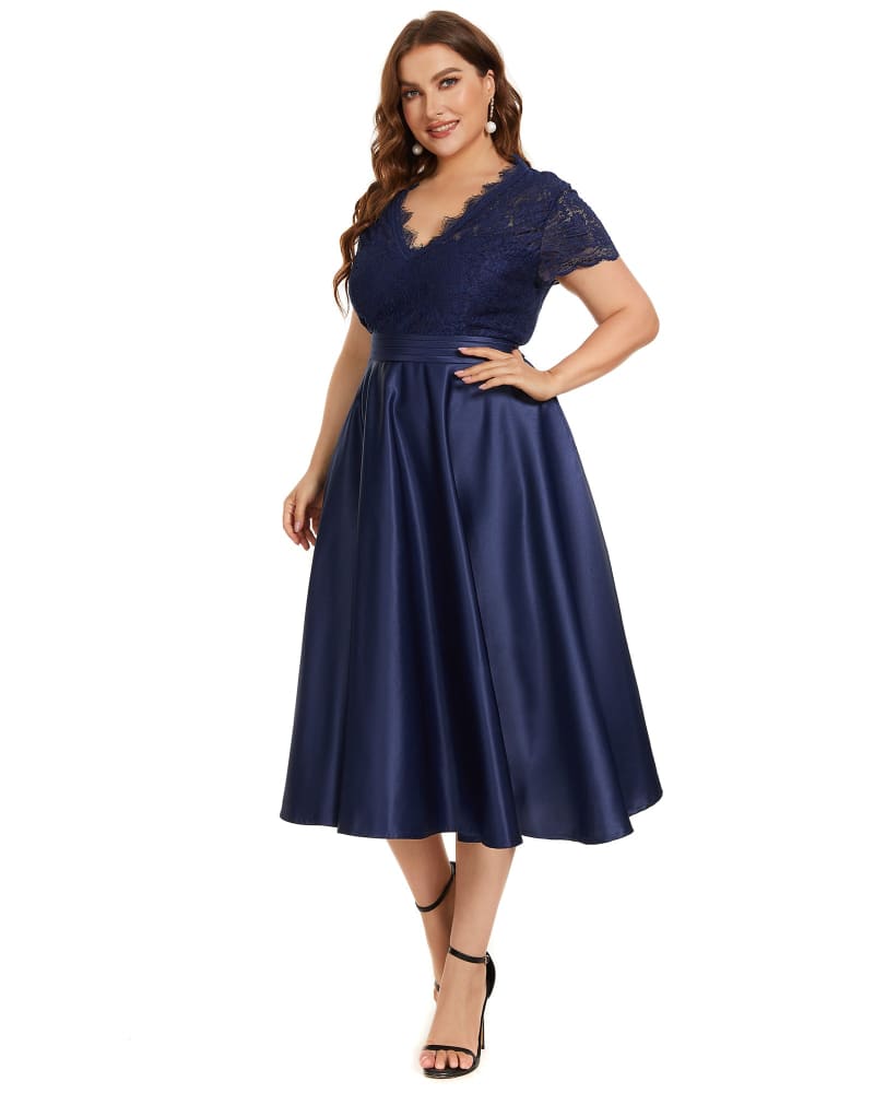 Lace Cap Sleeve V neck Cocktail Dress