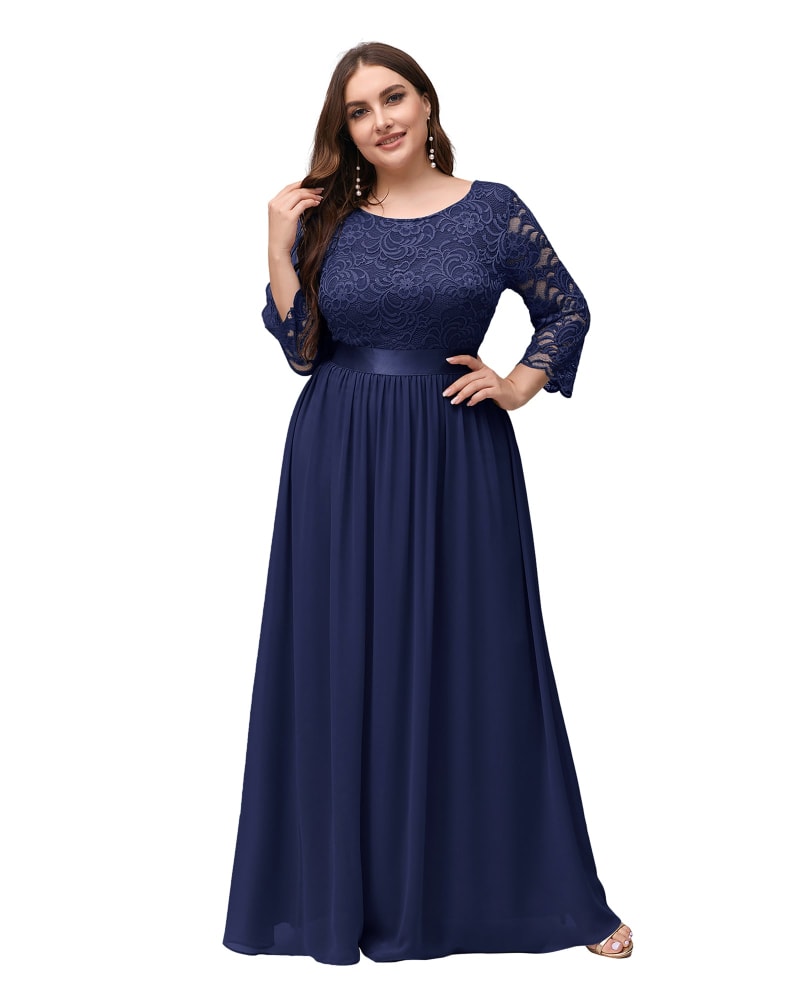 See-Through Floor Length Lace Evening Dress | Navy Blue