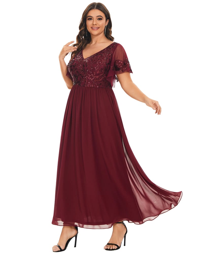 Plus Size Lace Bodice Belted Mother of the Bride Dress with Short Sleeves -  Ever-Pretty UK