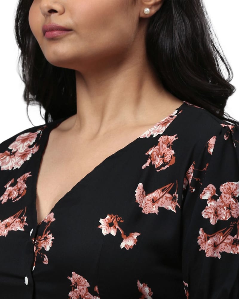 Floral Design Stylish Casual Dress- Black