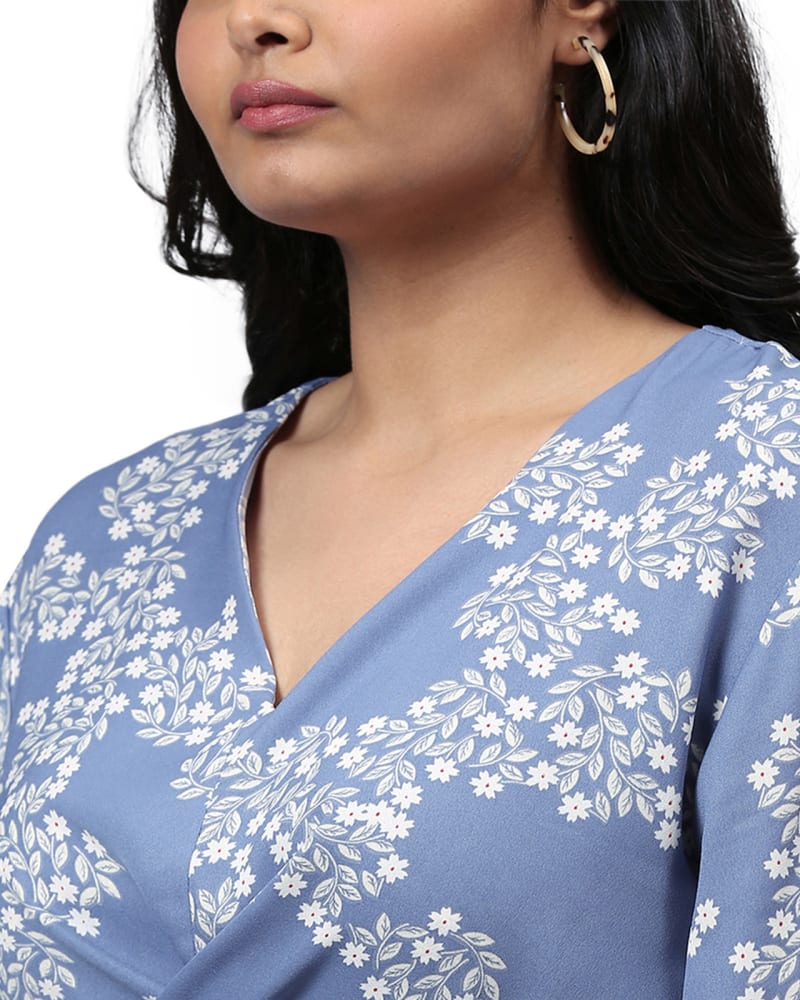 Floral Design Stylish Casual Dress- Dusty Blue