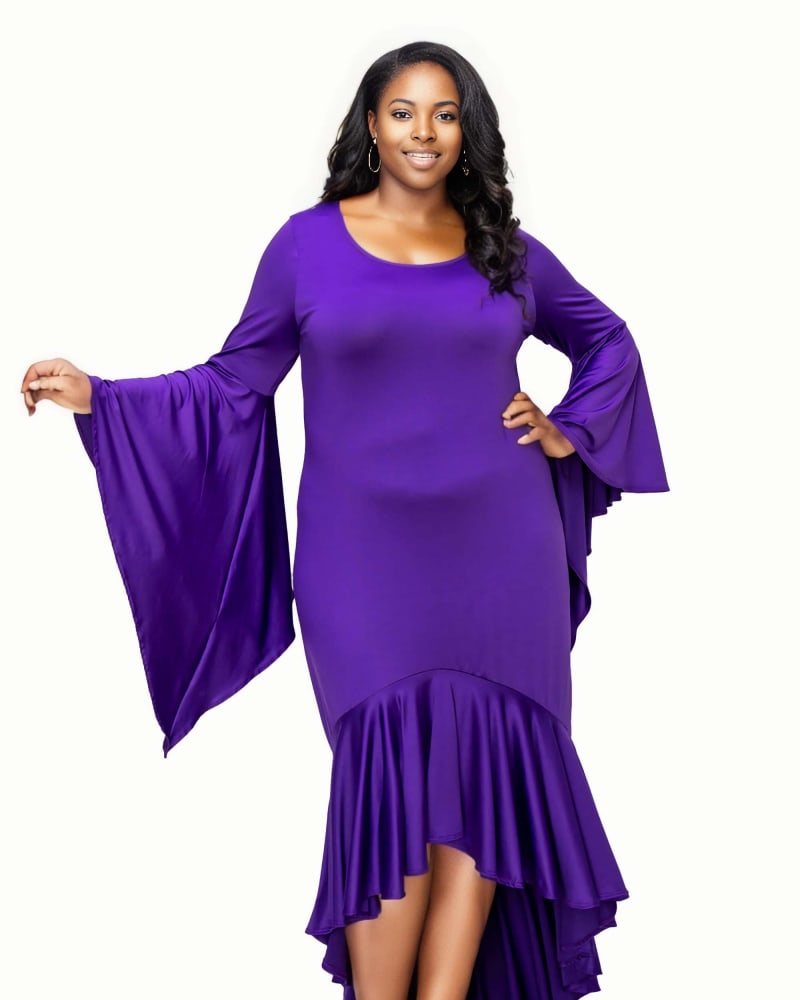 Long Sleeve Ruffle Hem Maxi Dress - Purple