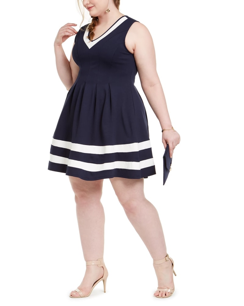 Navy Plus Size Sequin Woven Skater Dress