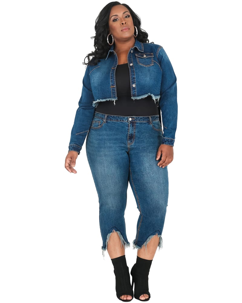 Unique Bargains Women's Plus Size Frayed Denim Jacket