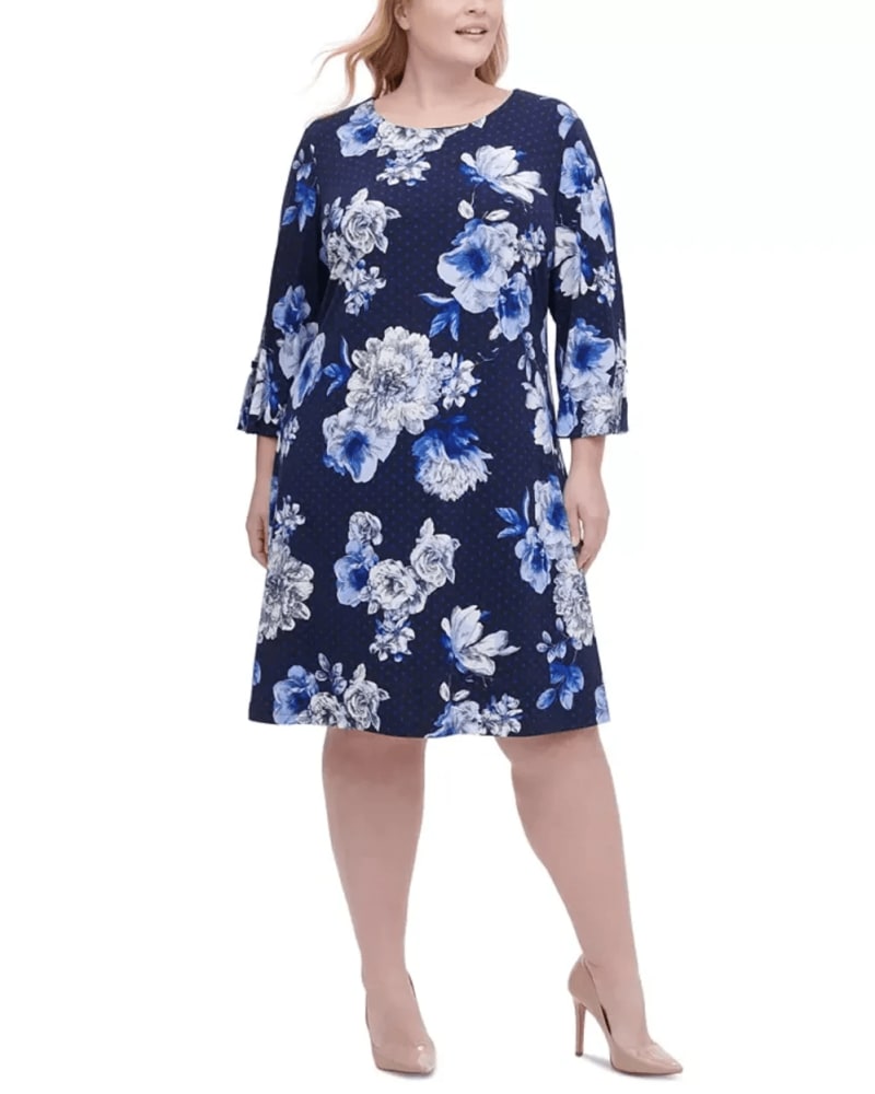 Tommy Hilfiger Women's Plus Size Floral-Print Grommet-Sleeve Dress Blu