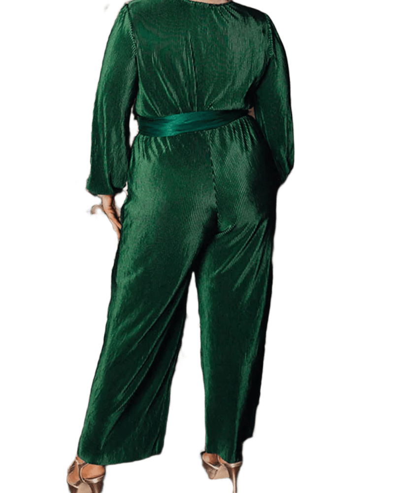 Dark Green Plus Size Pleated Satin Belted V Neck Jumpsuit
