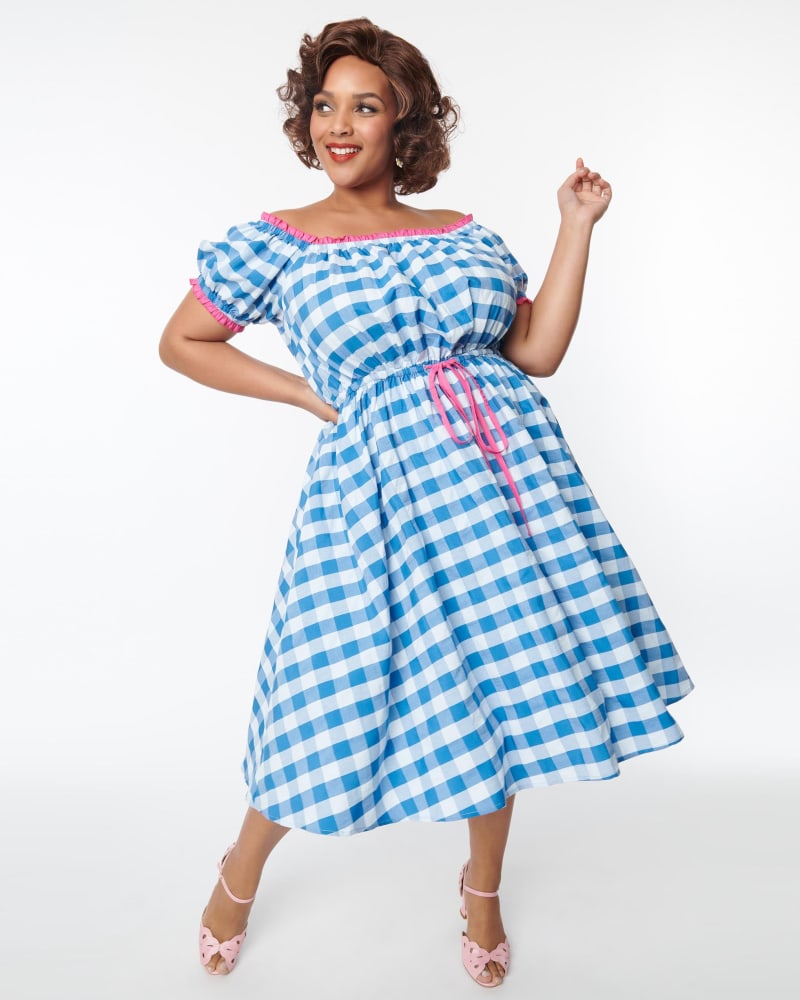 blue and white gingham dress